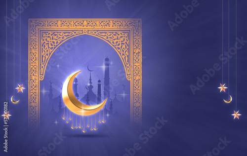 realistic golden ramadan kareem banner with a golden moon and stars