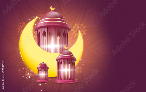 3d modern Islamic holiday banner design. Display with Ramadan lantern, yellow glowing moon background