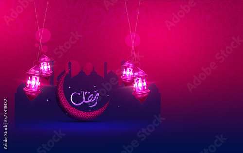Ramadan Karim festival greeting With moon, lantern and Islamic Dark Background
