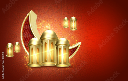 3d modern Islamic holiday banner in reddish monotone design. Display with Ramadan lanterns and 3D moon.