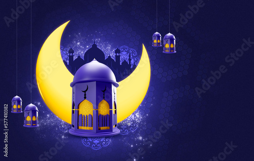 3d modern Islamic holiday banner in purple monotone design. Display with Ramadan lantern, moon and mosque portal.