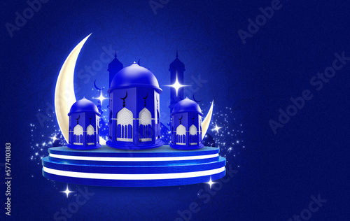 Ramadan Karim festival greeting With moon lantern and podium Islamic Dark blue Background