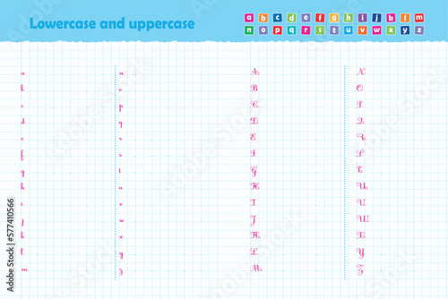 Writing alphabet letters educational activities for children at home and at school. worksheet for to teachers, parents, vector  file