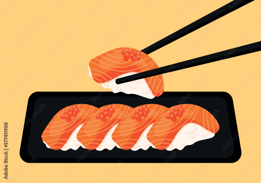 Salmon Sushi on A Black Plate Animated Cartoon Vector Illustration Salmon Sushi on A Black Plate Animated Cartoon Vector Illustration