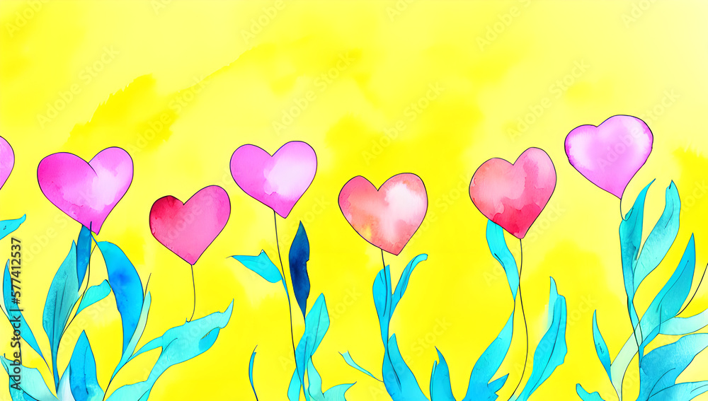 spring flowers with hearts isolated on yellow background, love, generative ai, valentine's day, wedding, mothers day, watercolor style