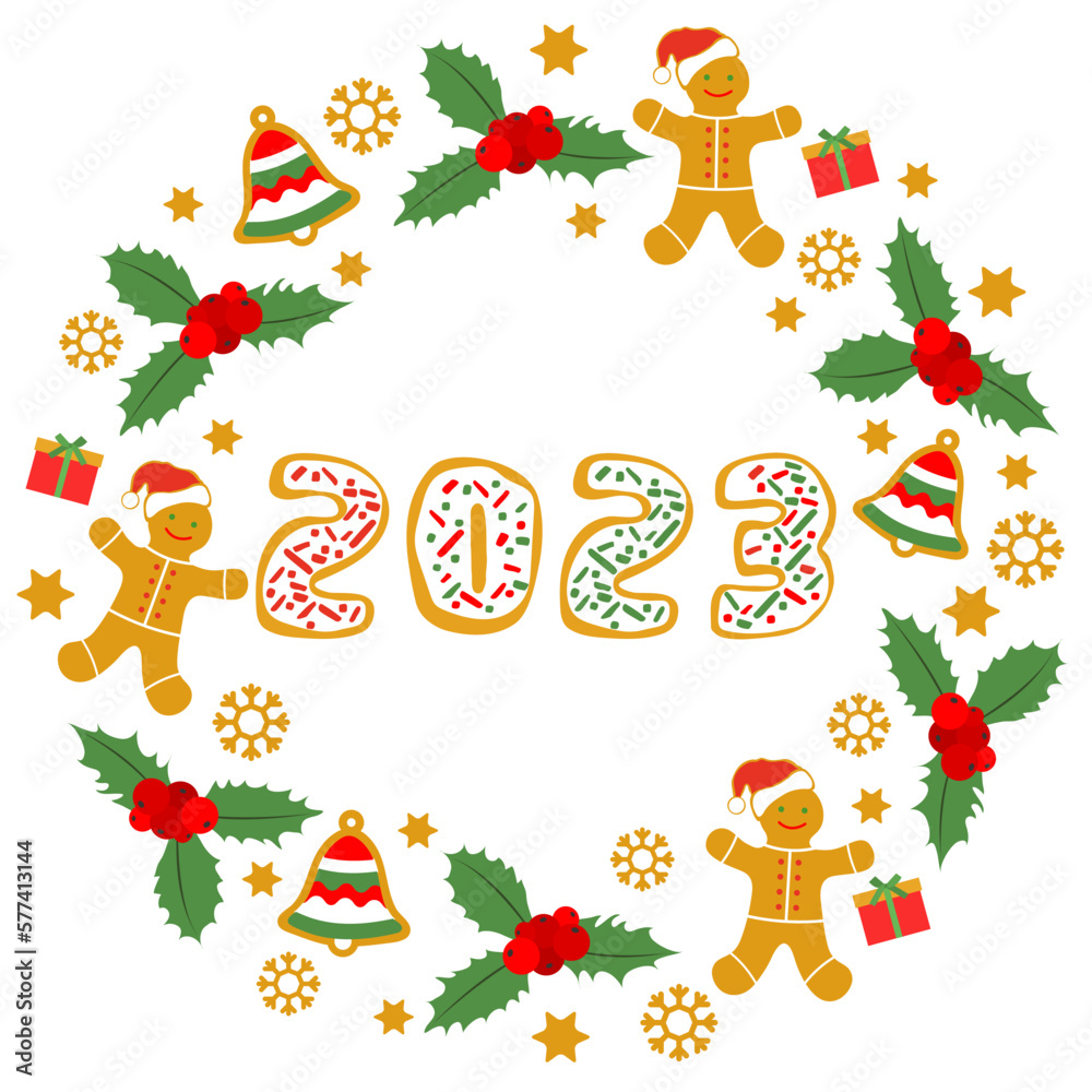 Fototapeta premium Vector Merry Christmas New Year 2023 Gingerbread