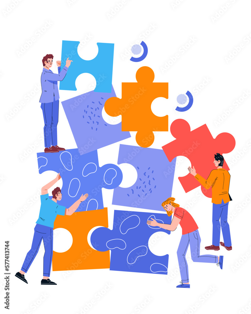 Business team efficient work and collaboration metaphor. Business people connecting puzzle elements, flat vector illustration isolated on white background. Business team efficient work and collaboration metaphor. Business people connecting puzzle elements, flat vector illustration isolated on white background.