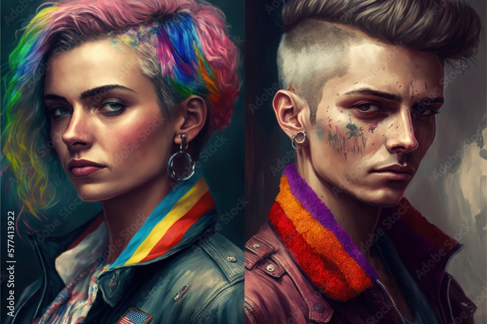 Obraz premium Two women. Lesbian rights, portrait. Beautiful colorful picture. Conception of human portrait. Generative AI