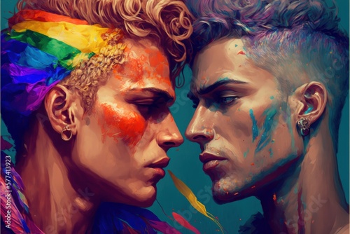 Two men together. Gay rights. Beautiful colorful picture. Conception of human portrait. Generative AI © standret