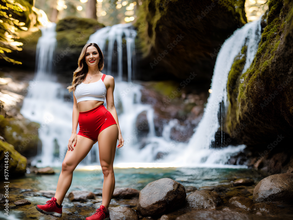 Beautiful woman in a short skirt by the waterfall. Woman hiking. Generative AI