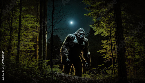Bigfoot standing in the forest lit by moonlight by generative AI photo