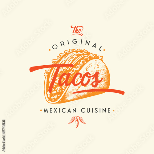 Hand drawn logo tacos silhouette and modern vintage typography retro style vector illustration. Taco tortilla label for fast food packaging and restaurant menu decoration.