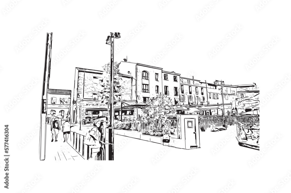 Building view with landmark of Porto Vecchio is the 
commune in France. Hand drawn sketch illustration in vector.