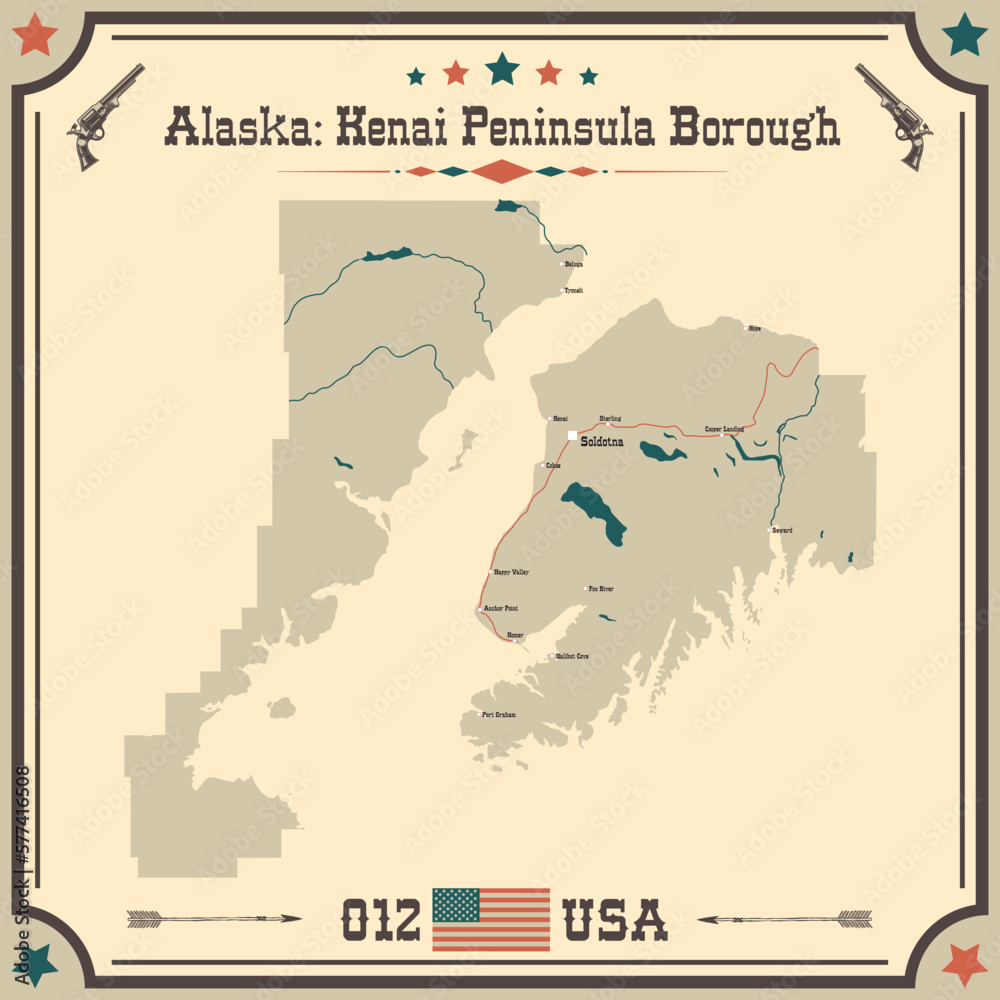 Large and accurate map of Kenai Peninsula Borough, Alaska, USA with vintage colors.