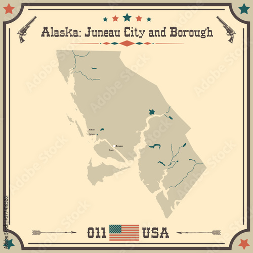 Large and accurate map of Juneau City and Borough  Alaska  USA with vintage colors.