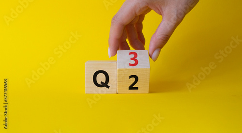 From 2nd Quarter to 3rd symbol. Businessman hand Turnes cube and changes words 2nd Quarter to 3rd Quarter. Beautiful yellow background. Business and Quarter concept. Copy space