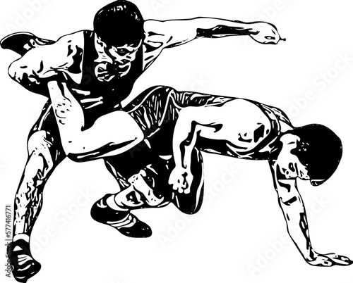 silhouette of wrestlers, Vector Black and White Freestyle Wrestling Illustration, silhouettes athletes wrestlers in wrestling