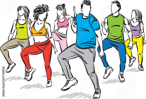 dancer together women men dancing fitness zumba vector illustration