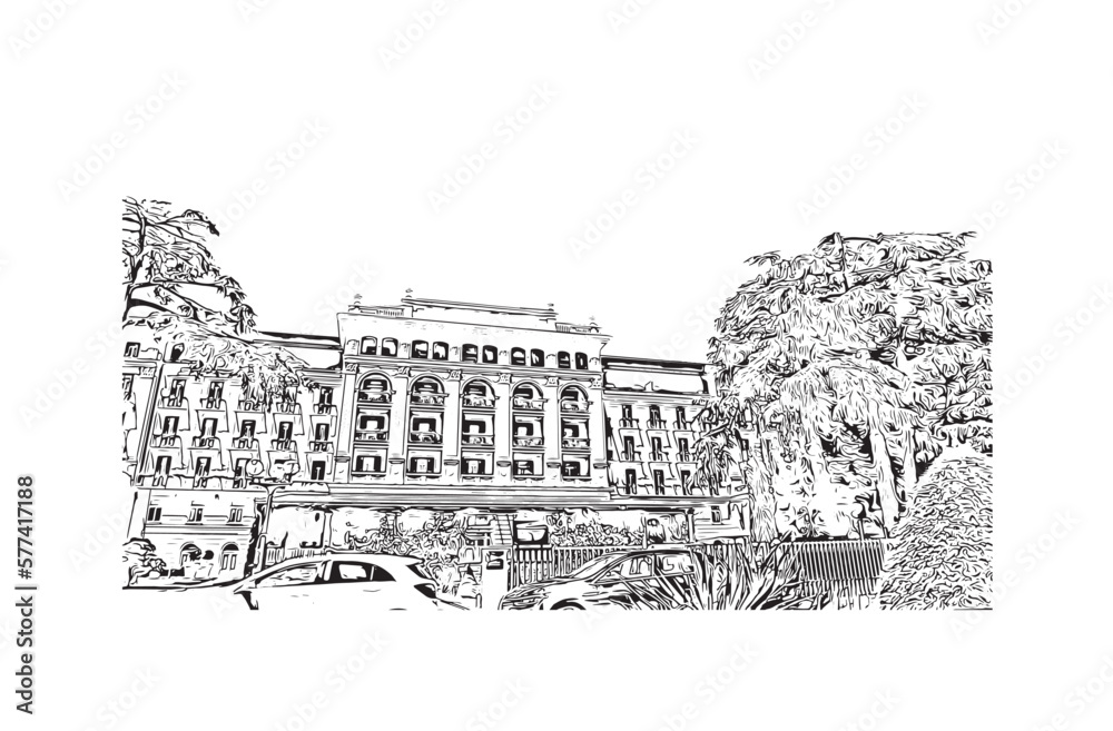 Building view with landmark of Portoroz is a resort town in Slovenia. Hand drawn sketch illustration in vector.