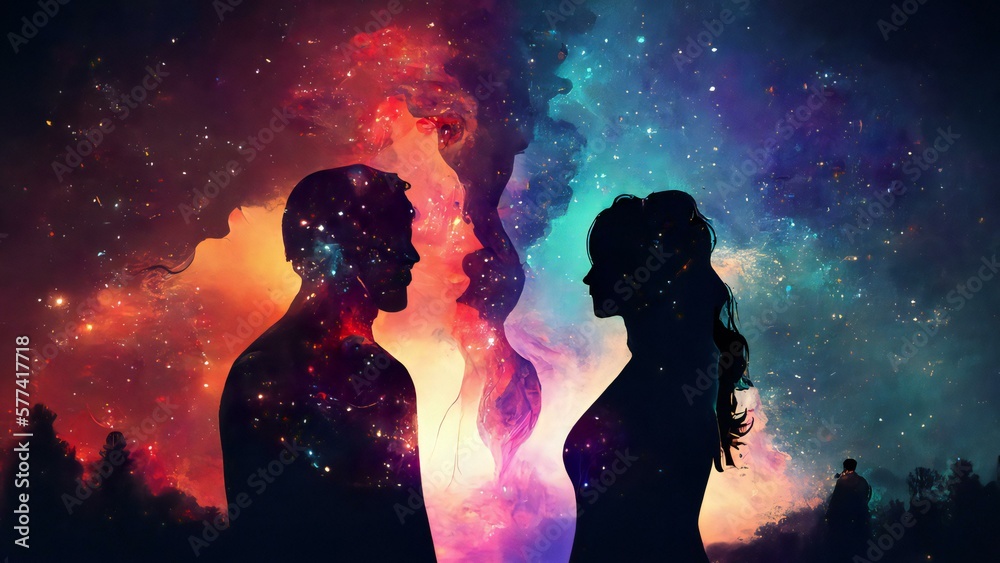 Spiritual representation of the silhouette of a couple of man and woman on a nebula background. Generative Ai illustration. 