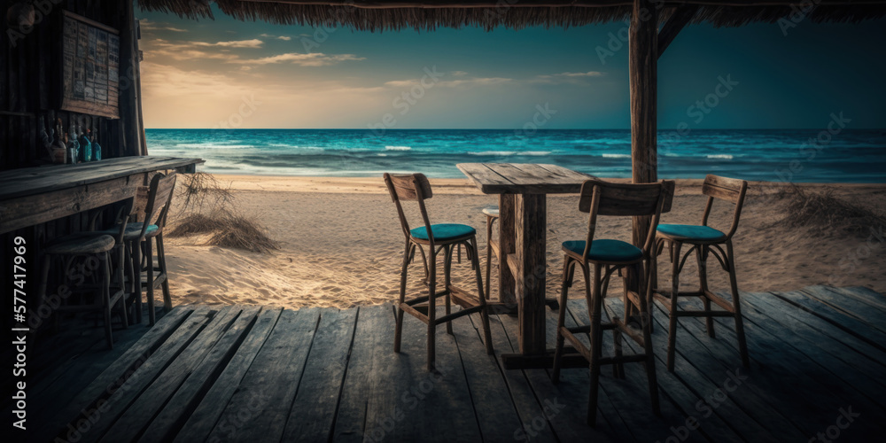 Plateau de table en bois, bar de plage avec fond flou de plage tropicale exotique. Table pour présentation de produits. Bannière de présentation d'un établissement de vacances, en bord de mer
