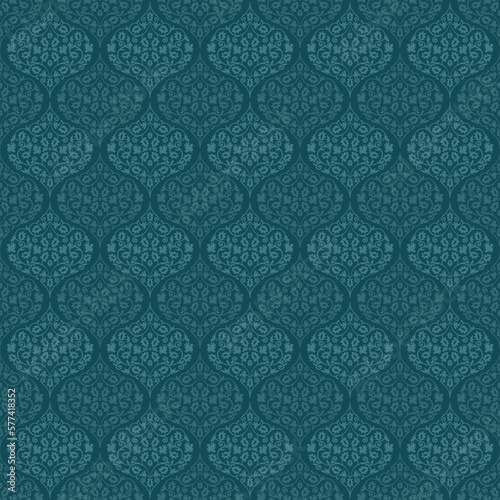 Deep Green Italian Damask Vector Seamless Pattern. Vintage Ornament with Birds and Flowers