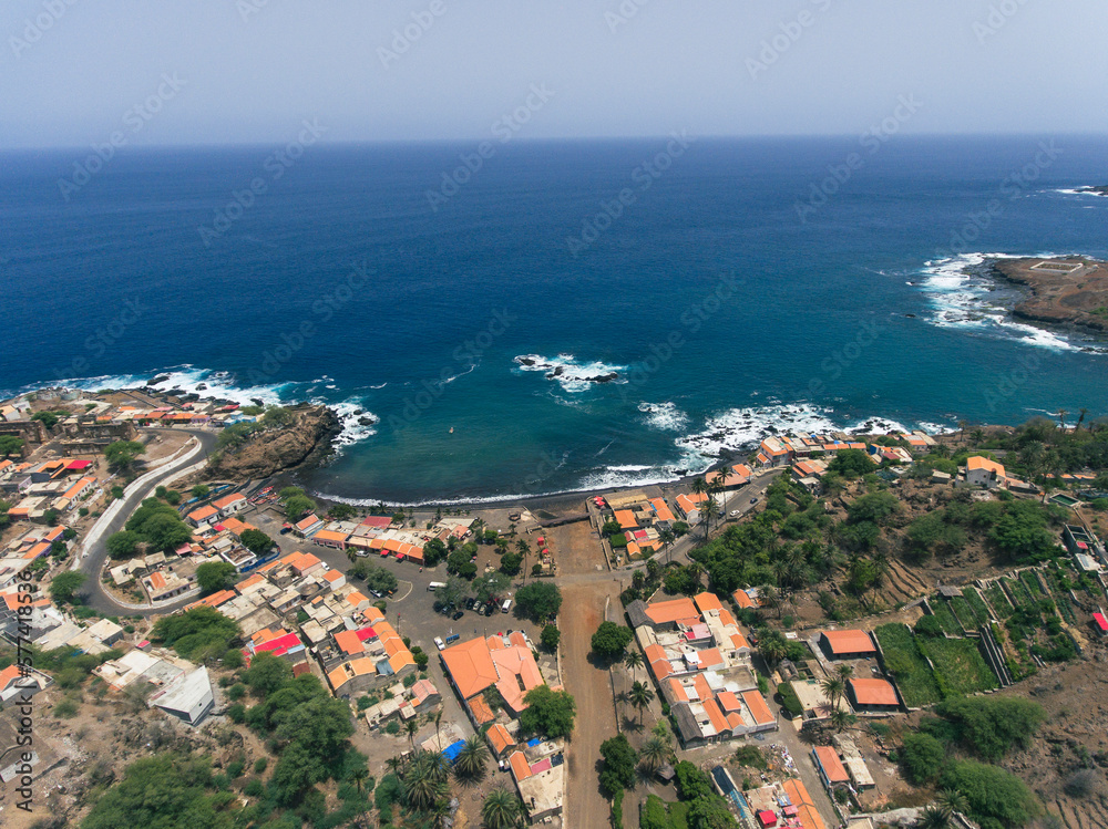 Aerial photos of Cidade Velha in Santiago, Cape Verde, reveal a historic town with a stunning coastline, a UNESCO World Heritage Site, showcasing colonial-era architecture, picturesque streets.
