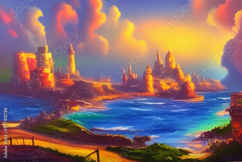 Original oil painting on canvas  The longest day . A fantasy coastal city with a rainbow on a background - generative ai
