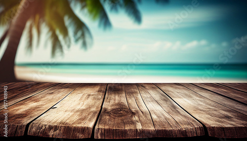 empty wooden table on the beach for product presentation, generative ai.