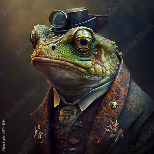 A Character Portrait Anthropomorphic Frog Dressed in a Victorian-era Costume and Top Hat, a Skilled Medical Doctor with Speckled Green Skin and Modern Sensibilities made with Generative AI