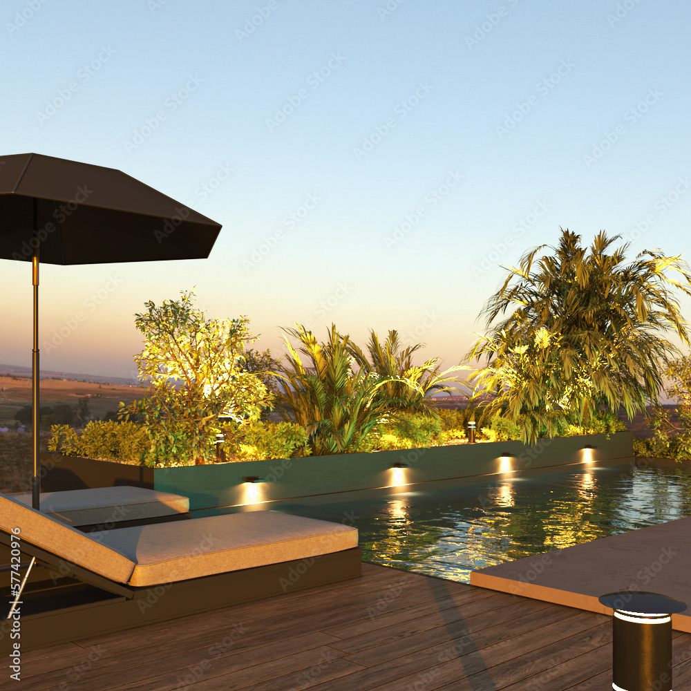 Luxury modern villa exterior design with beautiful swimming pool and green palm plants. NIght scene lighting and sunset mountain view. 3d render. High quality 3d illustration