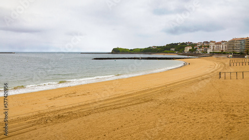 Panoramic view of the extensive beaches of Biarritz on a cloudy and rainy day. Biarritz  France