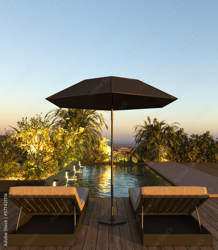 Luxury modern villa exterior design with beautiful swimming pool and green palm plants. NIght scene lighting and sunset mountain view. 3d render. High quality 3d illustration