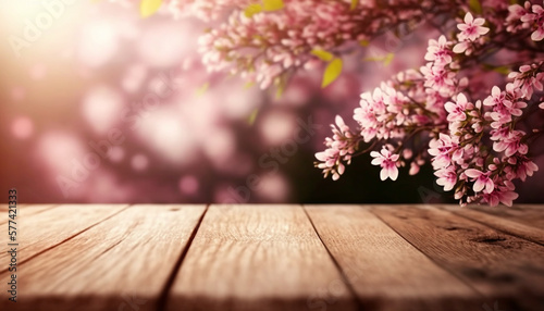 Empty wooden surface with with pink spring sakura cherry blossom background  generative ai