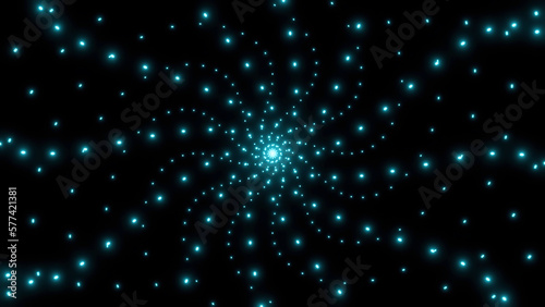Beautiful hypnotic pattern with colorful glowing particles creating spiral. Design. Space background with stars moving around the glowing sphere.