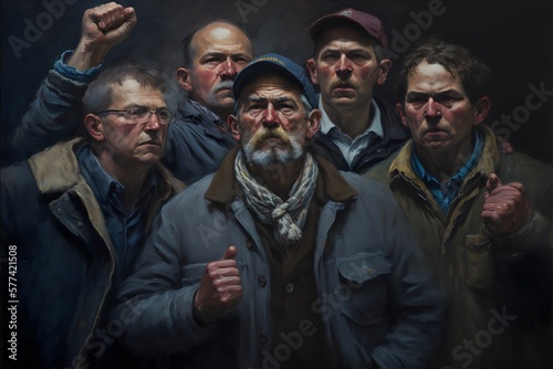 group of fictional angry men protesting in solidarity created with generative ai