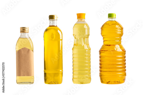 Vegetable oil with olive oil in different bottle for cooking isolated on white background with clipping path.