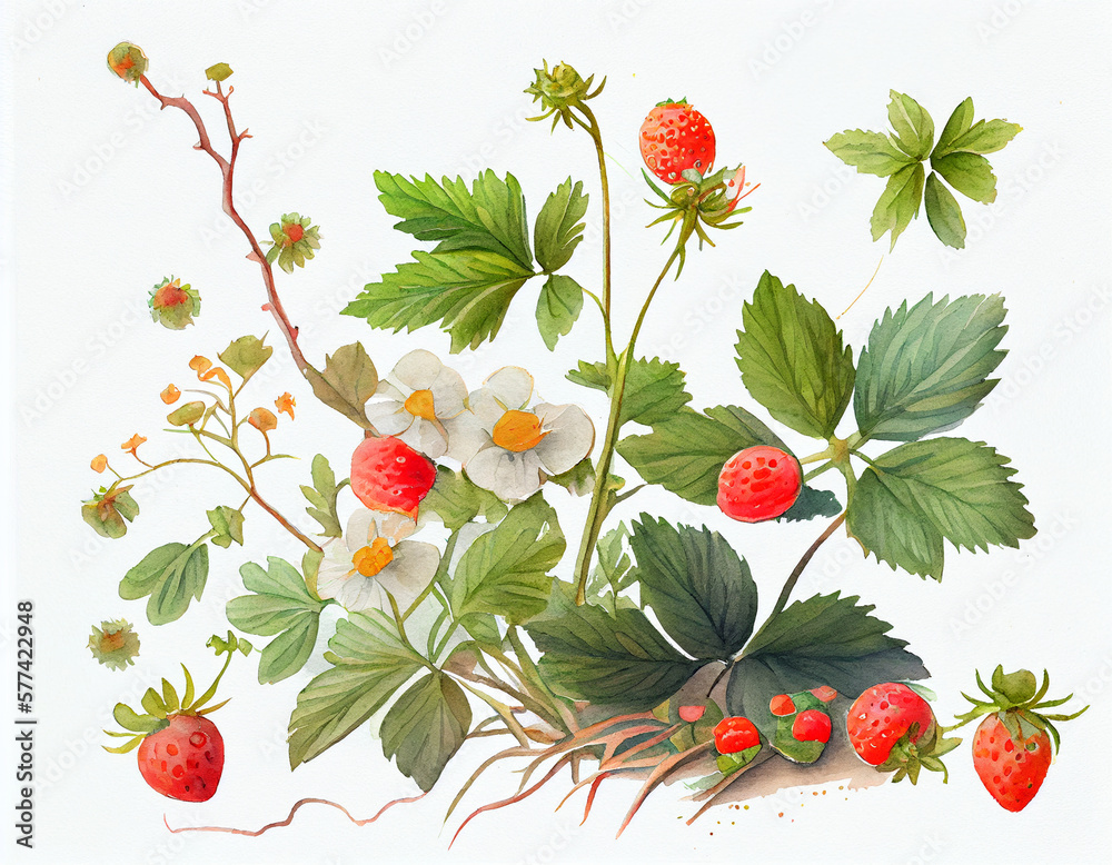 Obraz premium Wide Image of Raspberry Flowers and Leaves and Berries. Generative ai