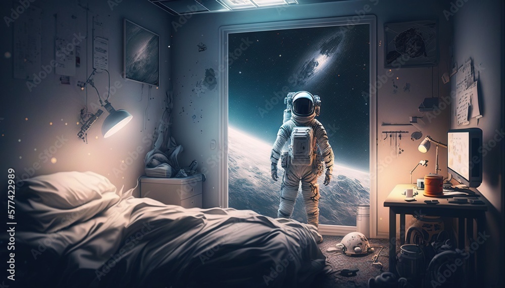 Vivid colorful illustrations of astronaut in his bedroom galaxies. Door to space generate ai. - obrazy, fototapety, plakaty 