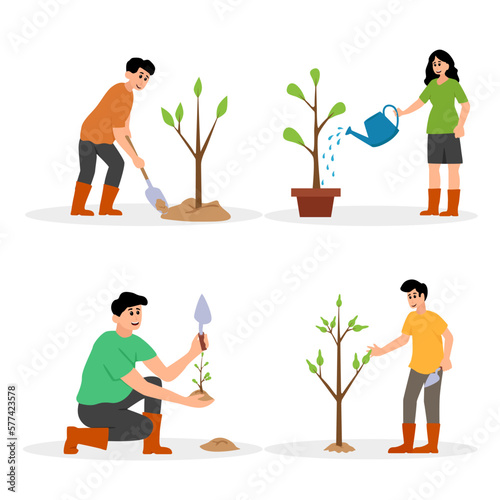 Characters planting seedlings and growing trees into soil working in Garden, volunteering, charity social and environment concept. Volunteer people plant trees in park, World environment day
