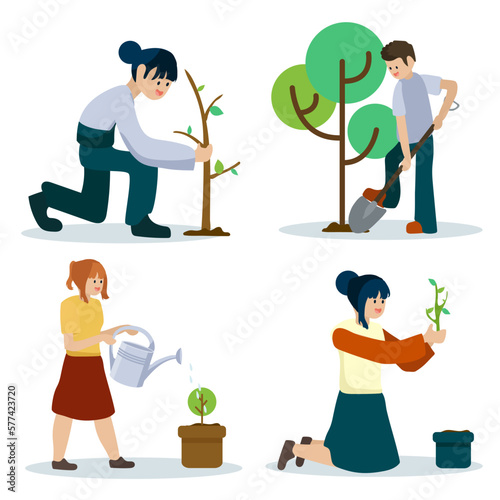 Characters planting seedlings and growing trees into soil working in Garden, volunteering, charity social and environment concept. Volunteer people plant trees in park, World environment day