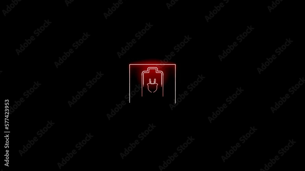 red color charger battery icon animated on neon rectangle squires black background red color charger battery icon animated on neon rectangle squires black background