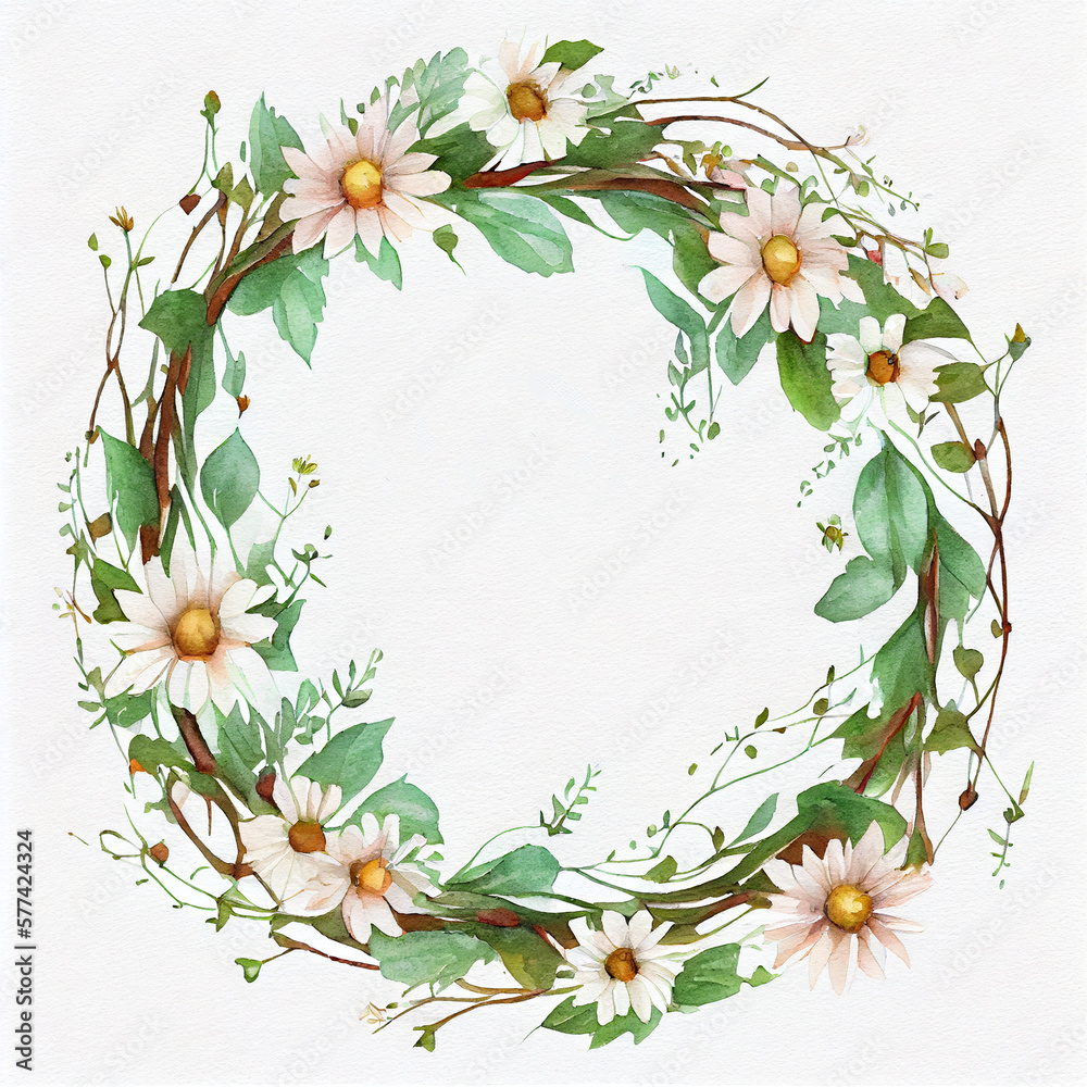 Watercolor Inspired Illustration of Daisy Flower Wreath. Generative ai