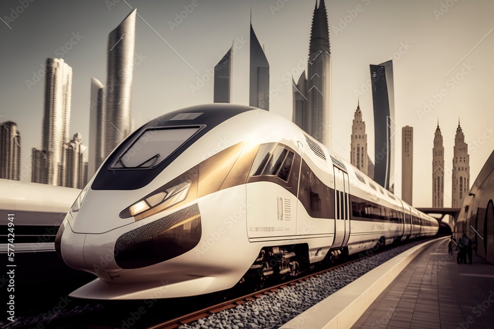 Naklejka premium High-speed train shuttles in future cities.AI technology generated image