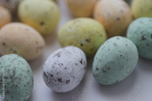 Colourful chocolate eggs with spots to celebrate Easter.