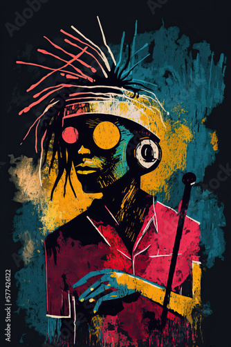 Colorful ethnic abstract illustration of reggae musician with headphones and microphone. Generative AI