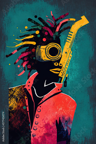 Colorful ethnic abstract illustration of jazz musician with saxophone. Generative AI photo