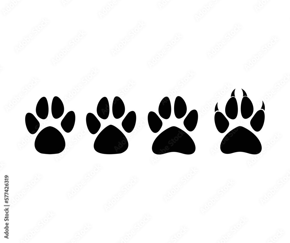 Paw print set. Paw foot trail print of animal. Silhouettes of paws, dog, cat, bear, puppy silhouette. Large set of animal steps imprints on white background vector design and illustration.
