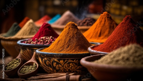 Fototapeta Naklejka Na Ścianę i Meble -  colorful spices in bowls on a southern market like morocco, generative ai