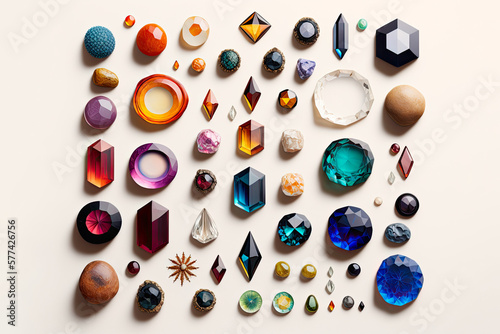 Generative AI illustration of various colorful gems laid out on table